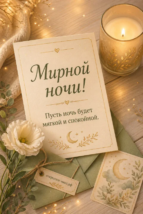 Ночное окно с луной, чашка травяного чая и аккуратная открытка
