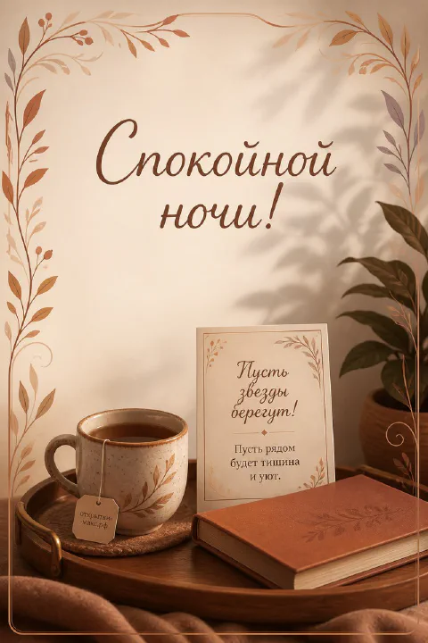 Ночное окно с луной, чашка травяного чая и аккуратная открытка