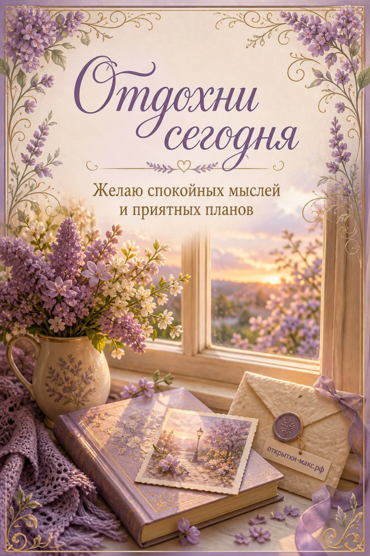 Белая сирень в белой вазе, раскрытая книга с фотографией и конверт у окна с летним закатом