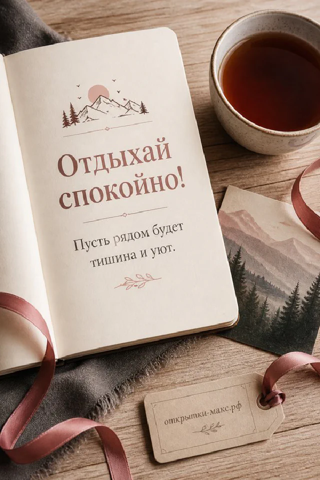 Букет полевых цветов в стеклянной банке на мятном пледе с гирляндой и карточкой Отдыхай спокойно — вариант 3