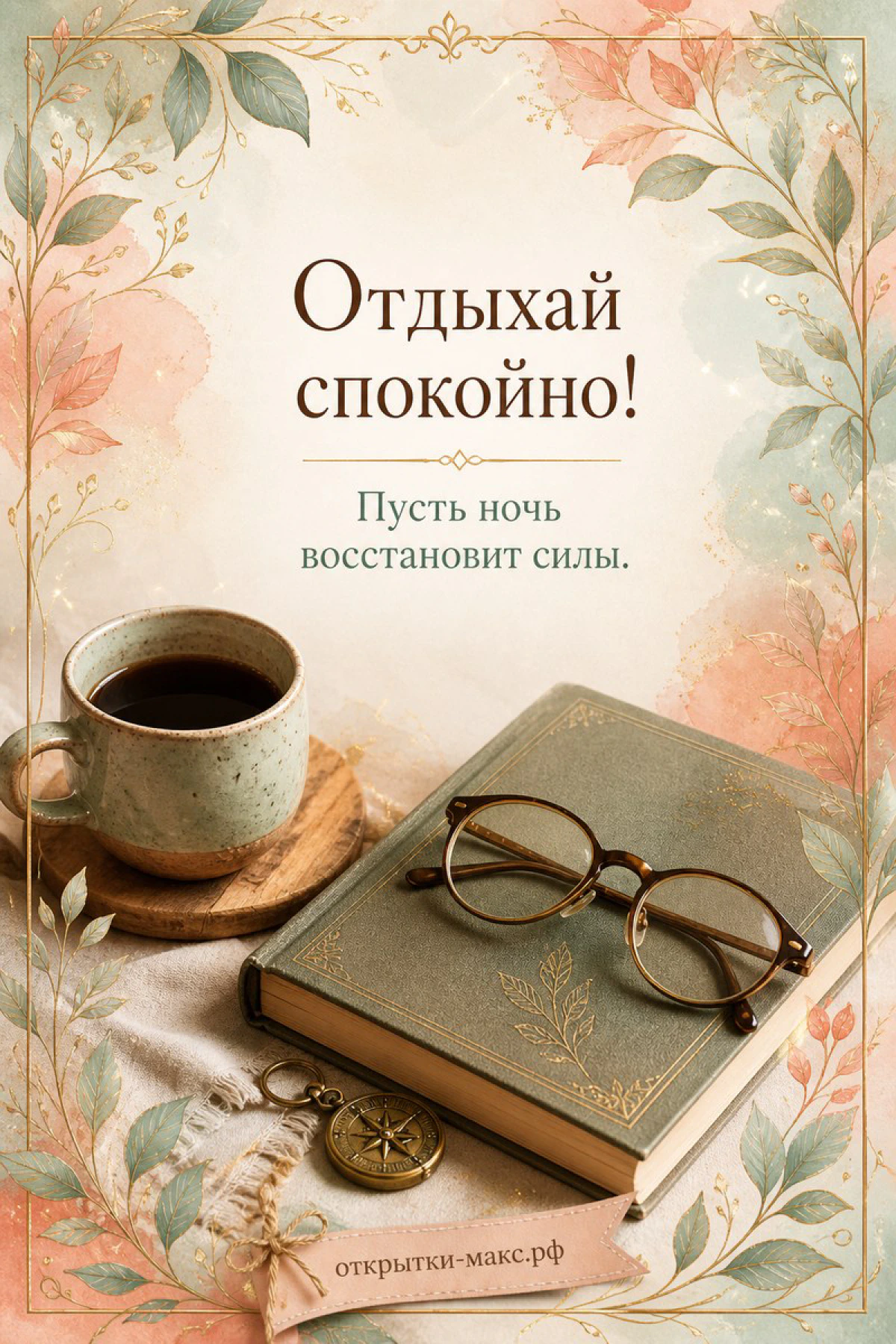 Кружка кофе, старая книга с очками и компасом на льняной ткани в акварельной листовой рамке