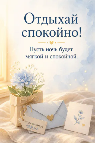 Синий пион с зелёными ветками, крафтовая коробочка с конвертом и маленькая карточка на светлом фоне