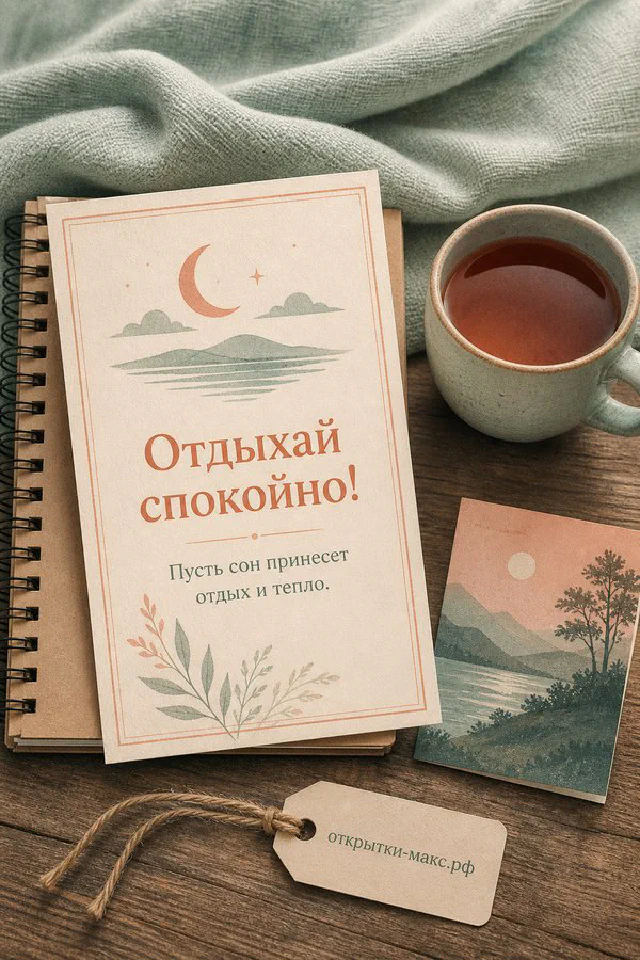 Лунный пейзаж с рекой, свечой и конвертом с сердечком, карточка «Отдыхай спокойно» — вариант 2