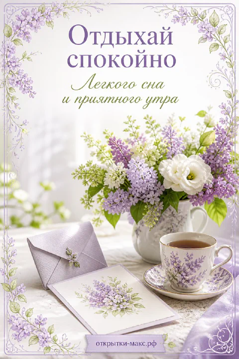 Белая ваза с сиренью и белыми розами, фарфоровая чашка чая и конверт на светлой поверхности