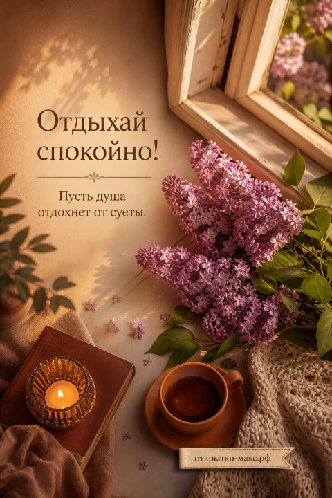 Букет сирени у окна с горящей свечой и чашкой чая, надпись «Отдыхай спокойно»
