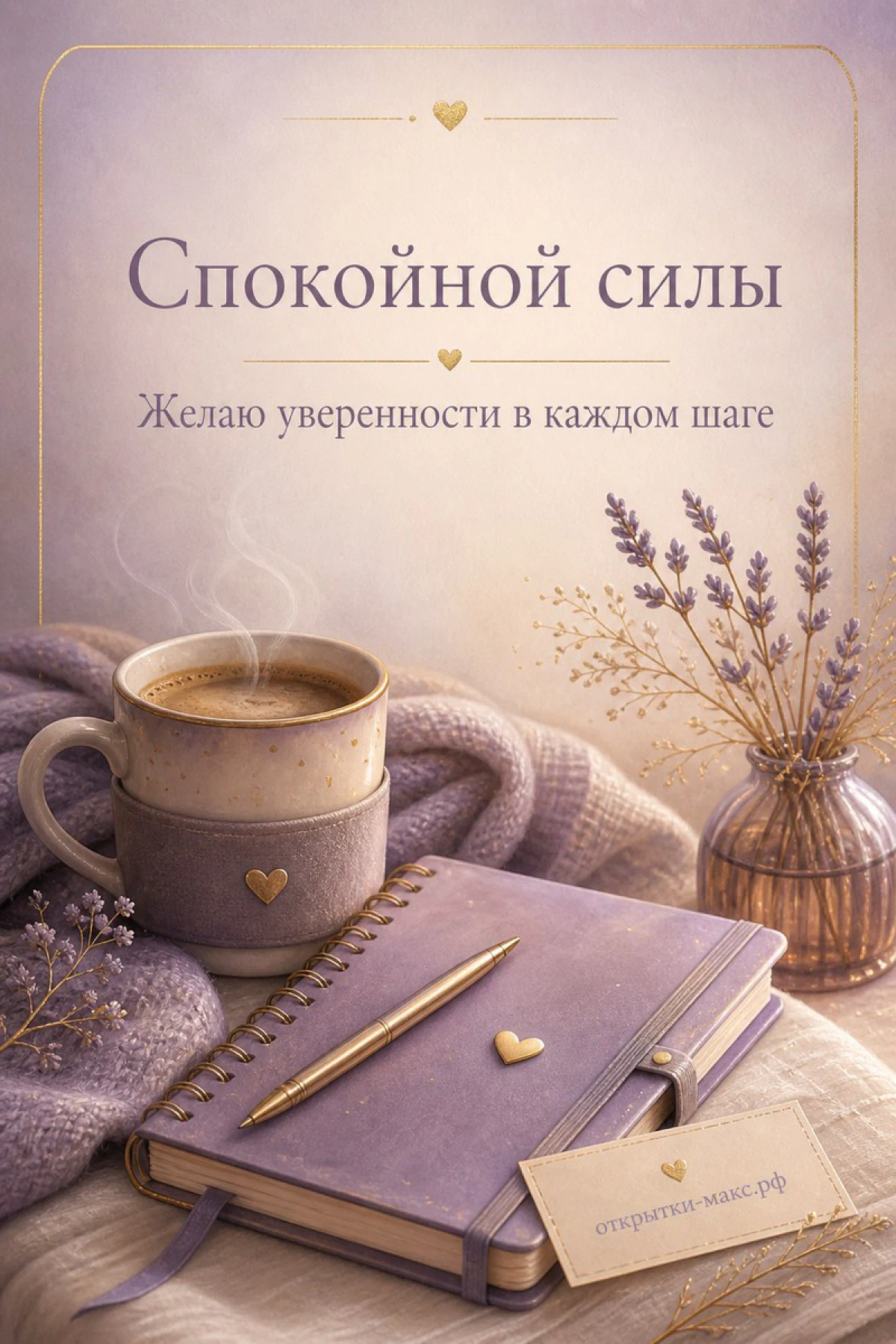 Открытая бумажная открытка с добрыми словами рядом с чашкой чая