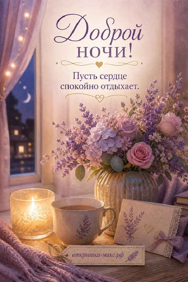 Нежная открытка «Доброй ночи!» с розовым пионом, ветками эвкалипта и зелёным бантом на светлой ткани с мягким освещением — вариант 2
