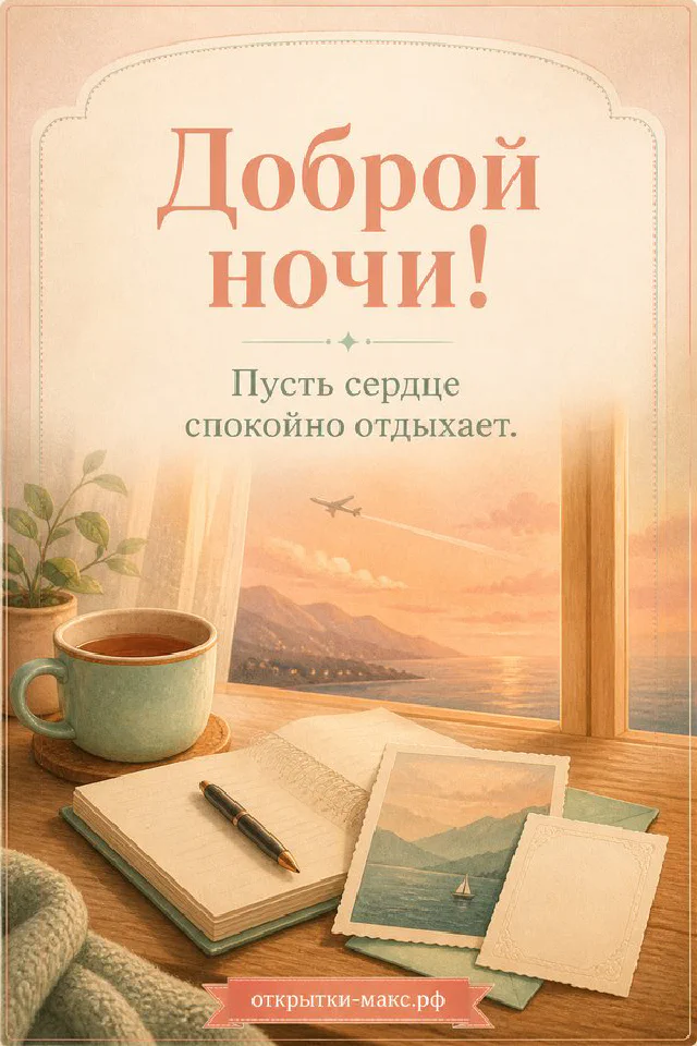 Нежная открытка «Доброй ночи!» с розовым пионом, ветками эвкалипта и зелёным бантом на светлой ткани с мягким освещением — вариант 3