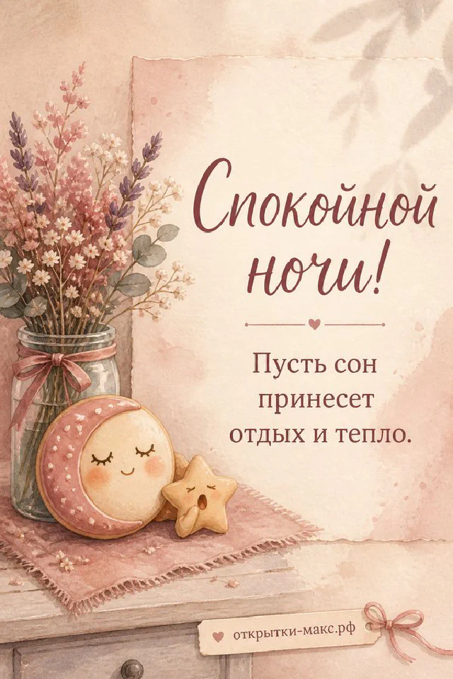 Акварельная открытка спокойной ночи с белой подушкой и настольным светильником на пастельном фоне — вариант 5