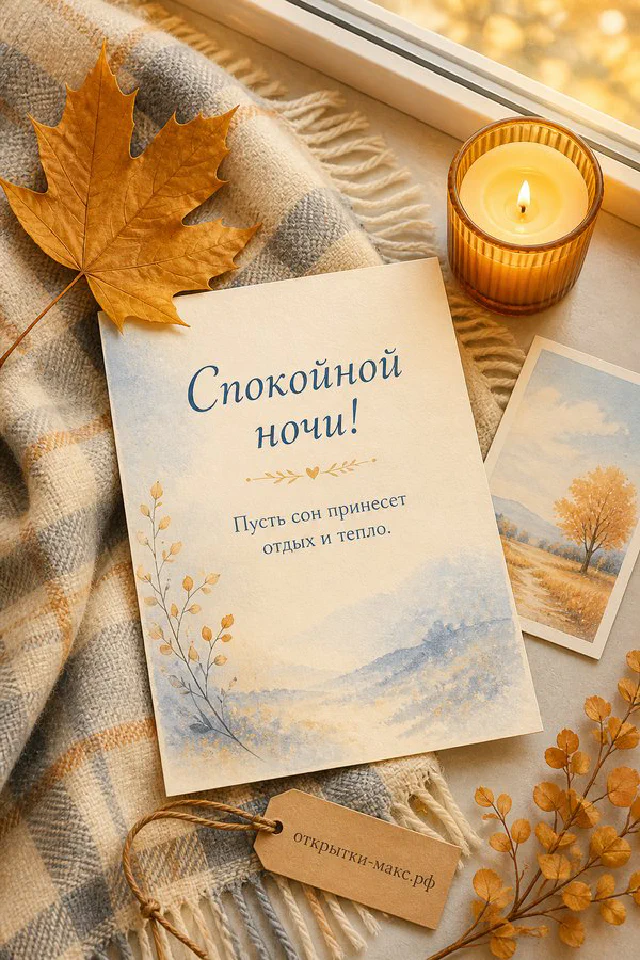 Акварельная открытка спокойной ночи с белой подушкой и настольным светильником на пастельном фоне — вариант 6