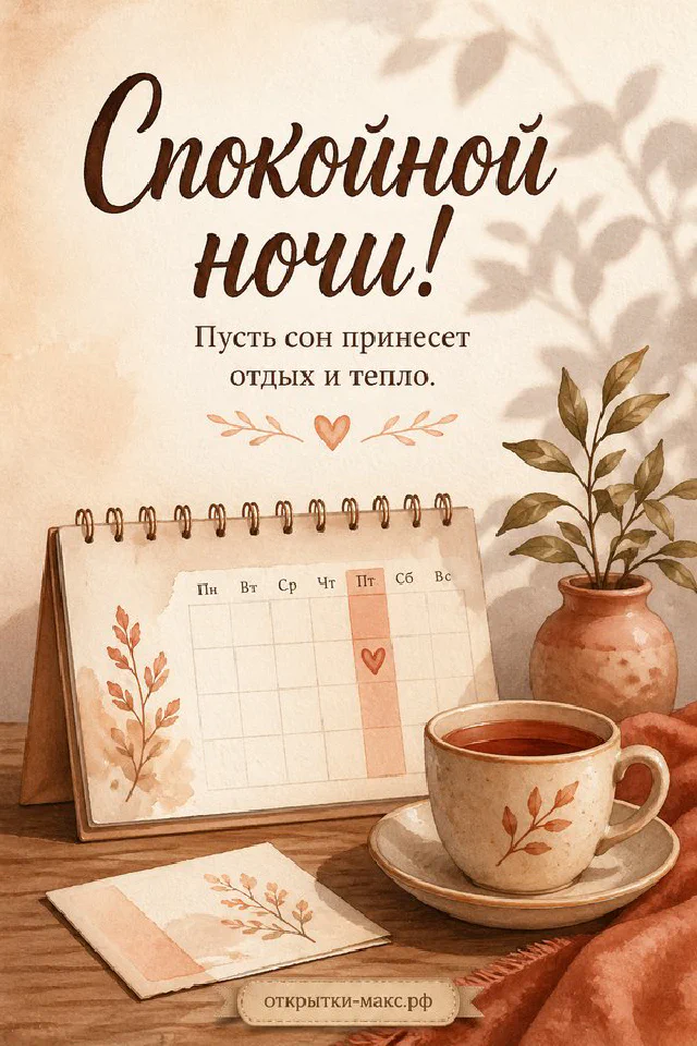 Акварельная открытка спокойной ночи с белой подушкой и настольным светильником на пастельном фоне — вариант 2