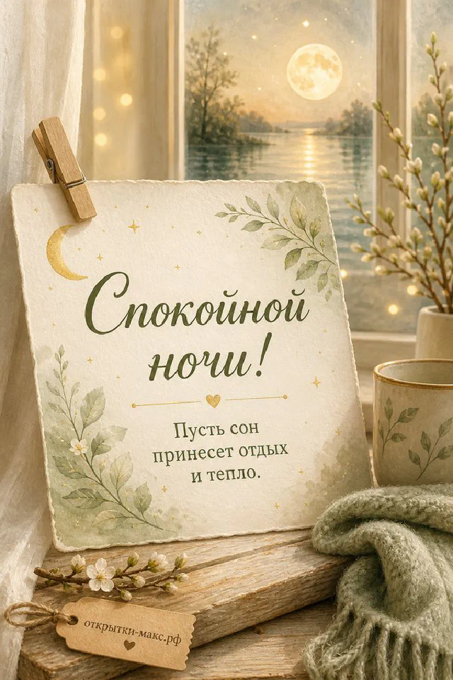 Акварельная открытка спокойной ночи с белой подушкой и настольным светильником на пастельном фоне — вариант 7