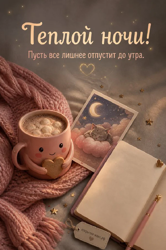 Стеклянная банка с розовыми полевыми цветами и ромашками на льняной ткани с надписью Тёплой ночи — вариант 2
