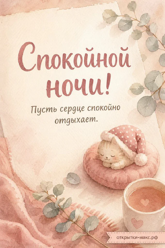 Акварельная птичка на ветке с листьями и ягодами на розовом фоне с надписью Спокойной ночи — вариант 3