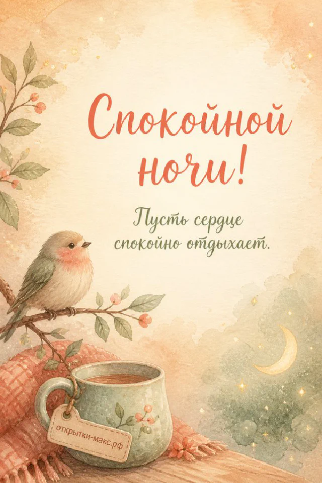 Акварельная птичка на ветке с листьями и ягодами на розовом фоне с надписью Спокойной ночи — вариант 4