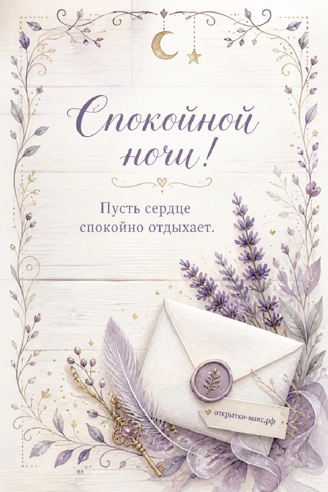 Акварельная птичка на ветке с листьями и ягодами на розовом фоне с надписью Спокойной ночи — вариант 2