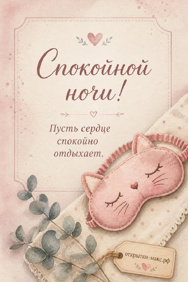 Акварельная птичка на ветке с листьями и ягодами на розовом фоне с надписью Спокойной ночи — вариант 5