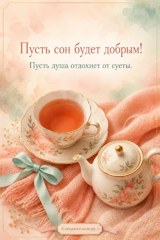 Фарфоровый чайник с цветочным узором, чашка чая и персиковый вязаный плед с зелёной лентой