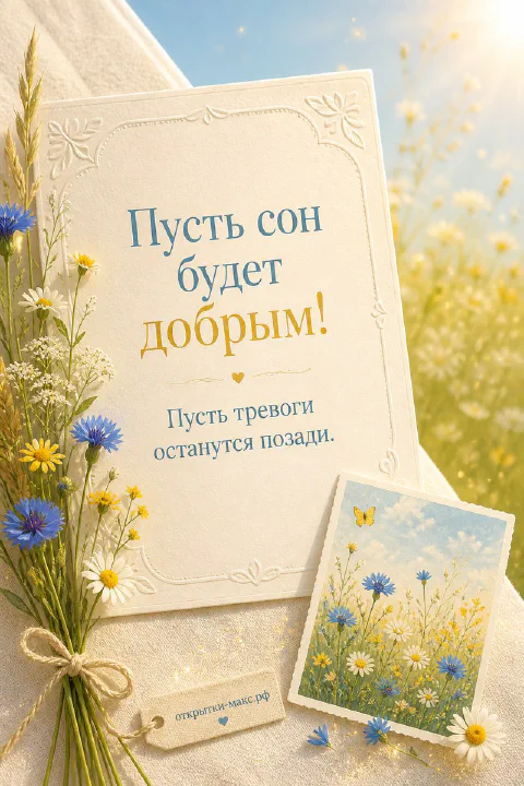 Букет васильков и ромашек с карточкой Пусть сон будет добрым и мини-открытка с полем цветов рядом
