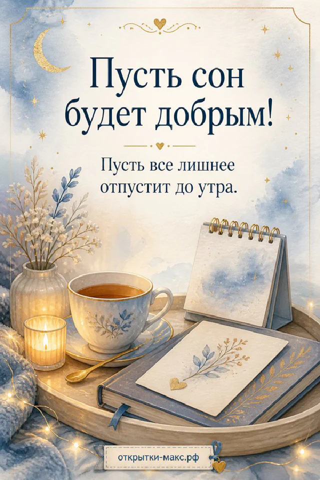 Персиковая роза и коричневый конверт рядом с карточкой с луной и звёздами на тёплом золотистом фоне — вариант 3