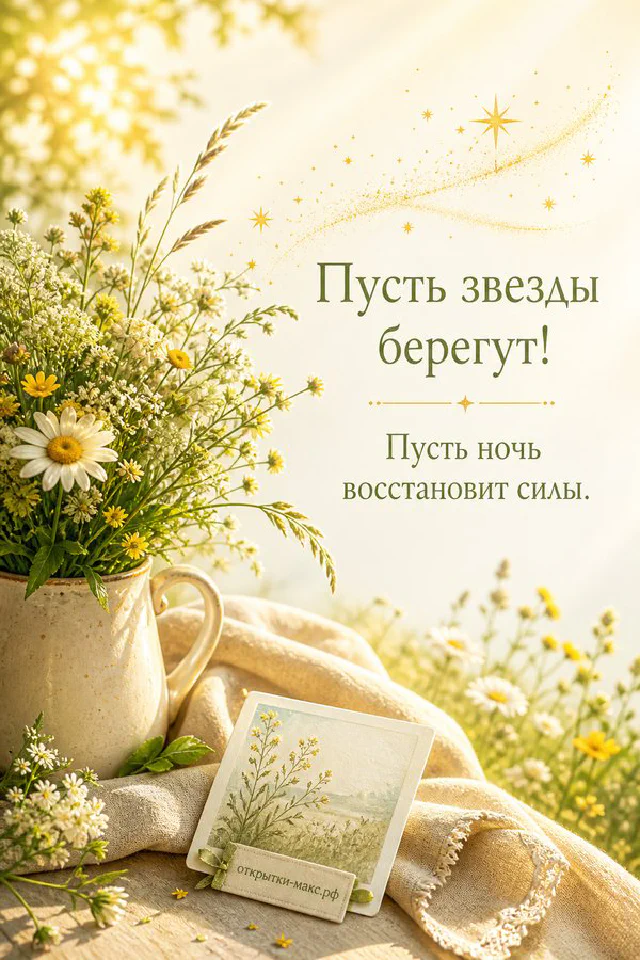 Чашка чая с травяным пакетиком, конверт с открыткой и кленовые листья на столе у окна ночного города — вариант 2