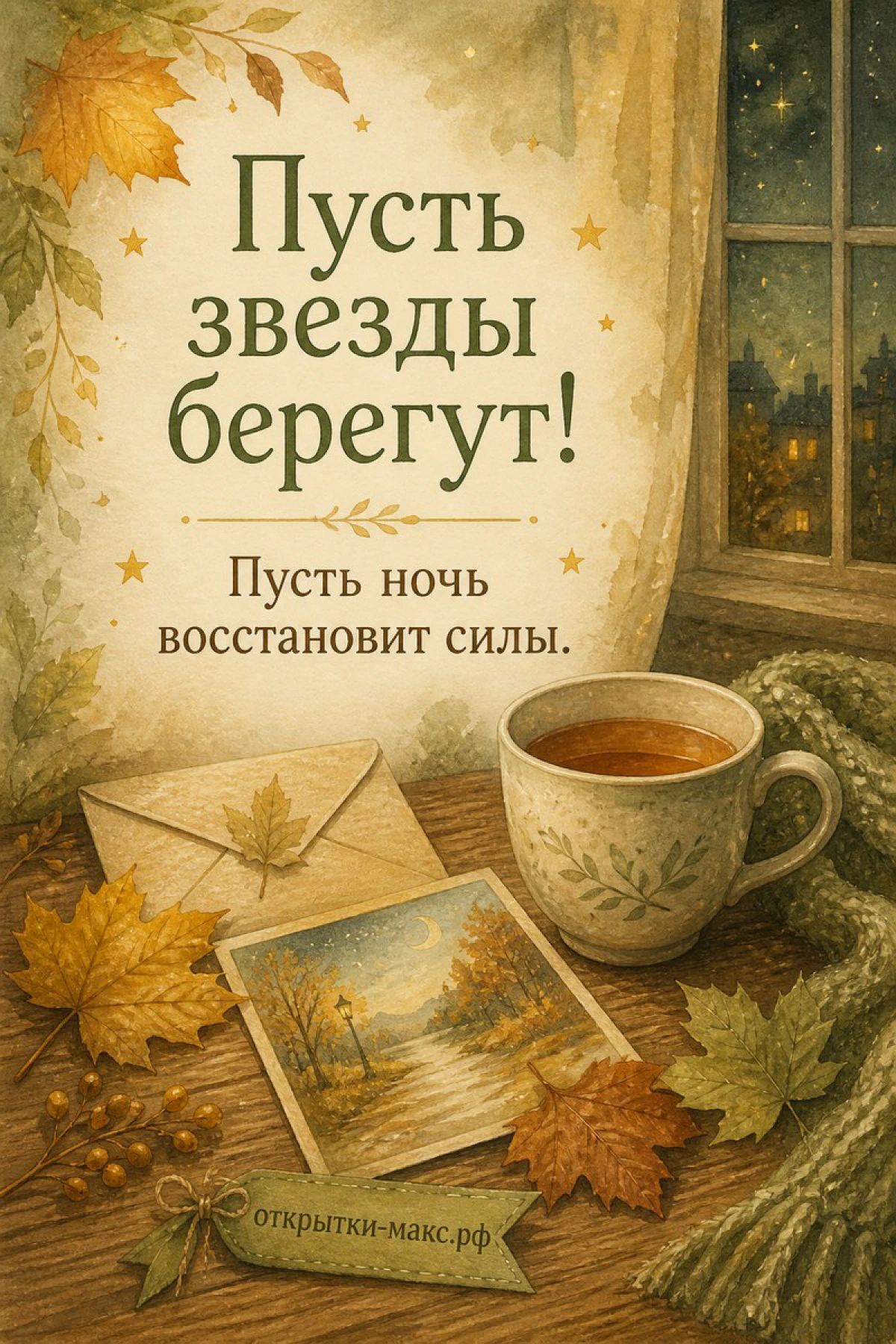 Чашка чая с травяным пакетиком, конверт с открыткой и кленовые листья на столе у окна ночного города
