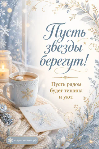 Голубая кружка какао с узором снежинки рядом со свечой и серебристой открыткой на белом вязаном пледе