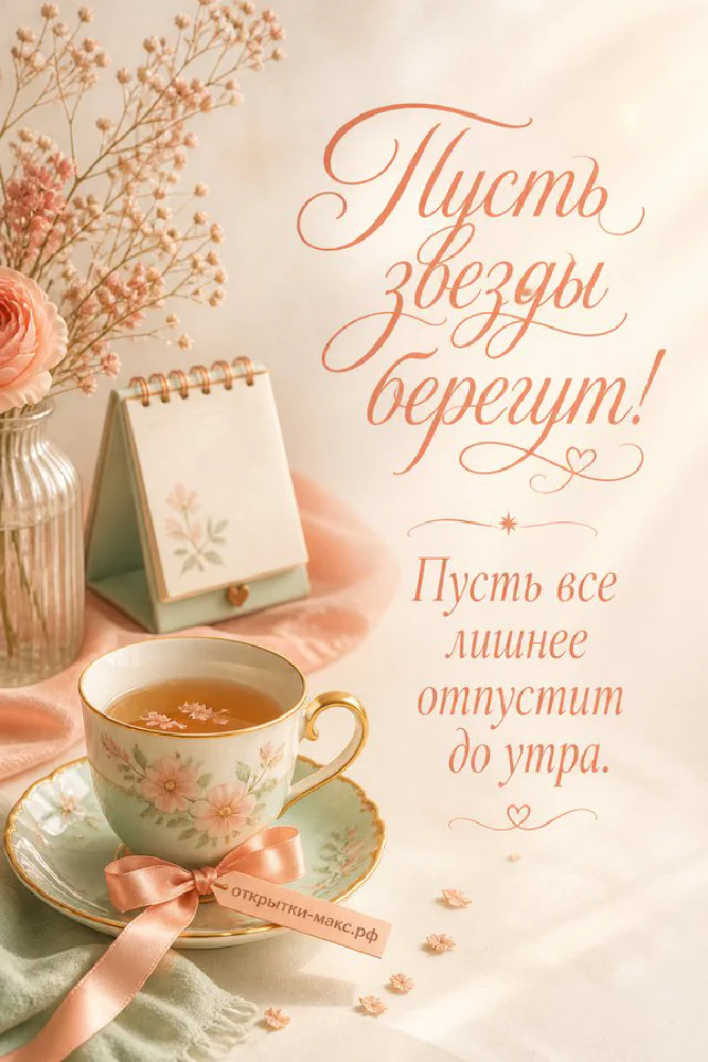 Акварельная птица на ветке с цветами на фоне луны и звёзд, розово-персиковые тона, подушка с сердечком — вариант 2
