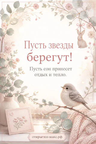 Акварельная серая птичка на ветке с цветочной рамкой и подвешенным зайчиком — открытка доброй ночи