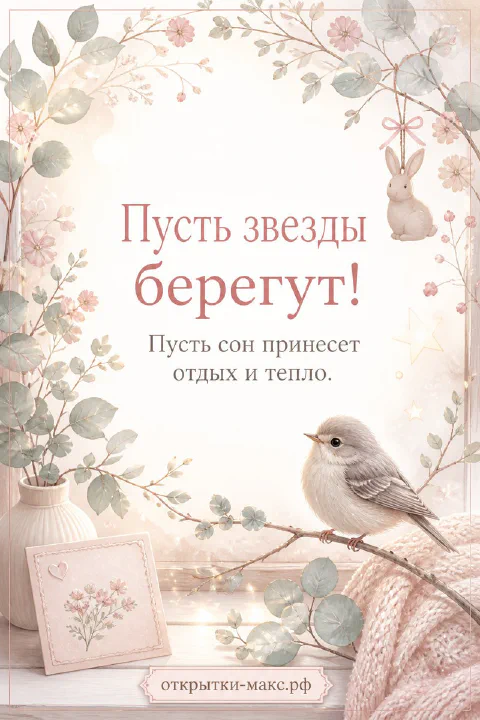Акварельная серая птичка на ветке с цветочной рамкой и подвешенным зайчиком — открытка доброй ночи