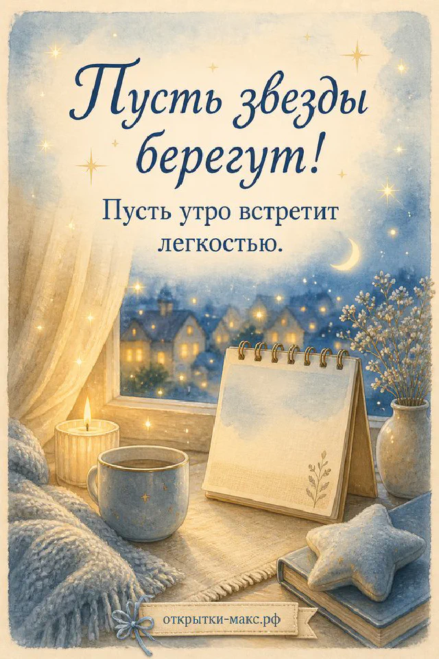 Зимний подоконник с чашкой кофе, зелёным фонарём, конвертом и открыткой с домиком в снегу — вариант 3
