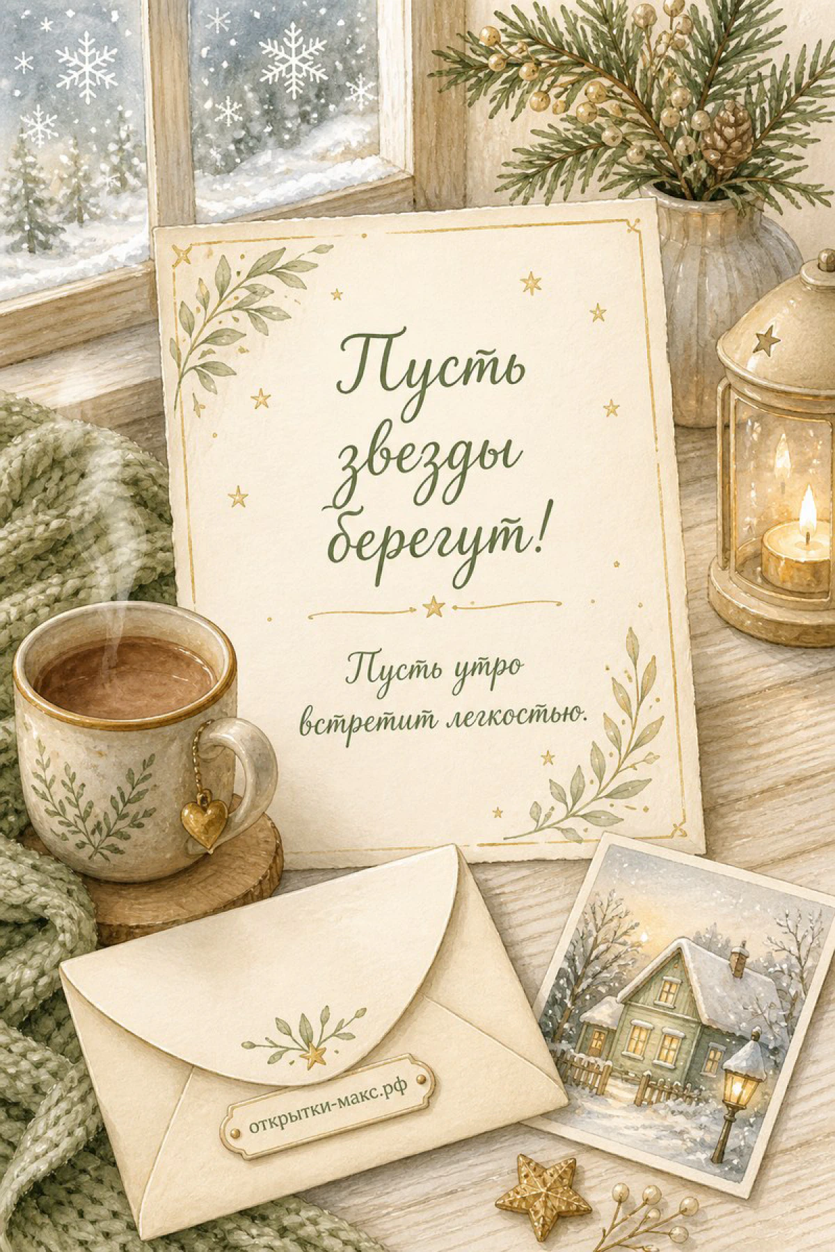 Зимний подоконник с чашкой кофе, зелёным фонарём, конвертом и открыткой с домиком в снегу