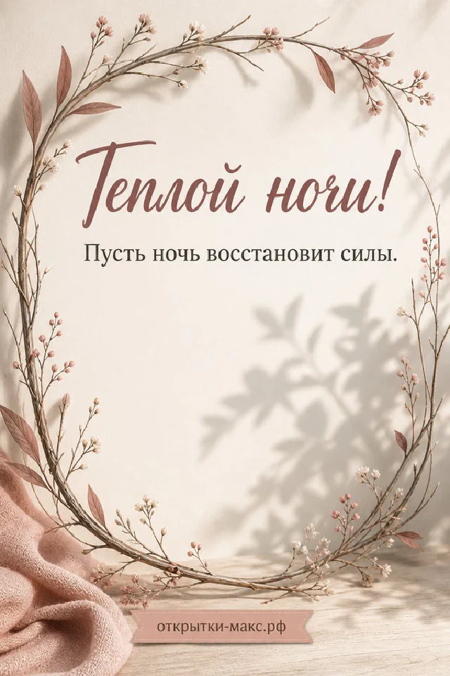 Букет розовых роз в вазе и чашка чая с открытой книгой на столе под луной с надписью Теплой ночи — вариант 2
