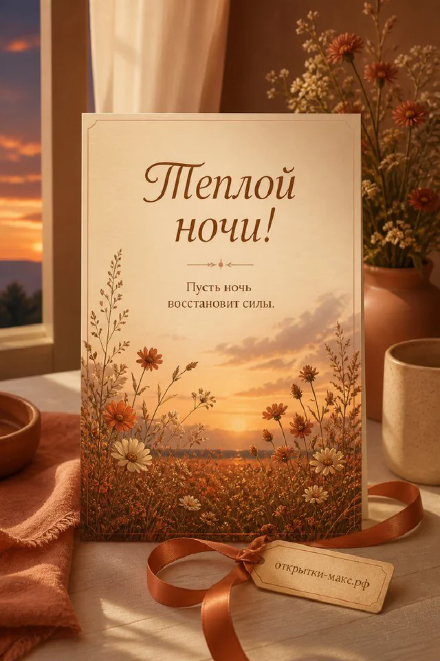 Букет розовых роз в вазе и чашка чая с открытой книгой на столе под луной с надписью Теплой ночи — вариант 4