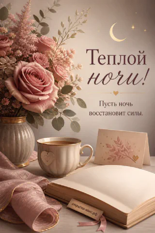 Букет розовых роз в вазе и чашка чая с открытой книгой на столе под луной с надписью Теплой ночи