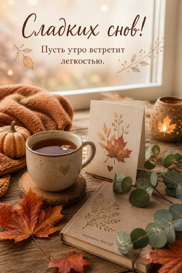 Чашка чая с кленовым листом и свеча у окна с дождём снаружи, надпись «Сладких снов» — вариант 2
