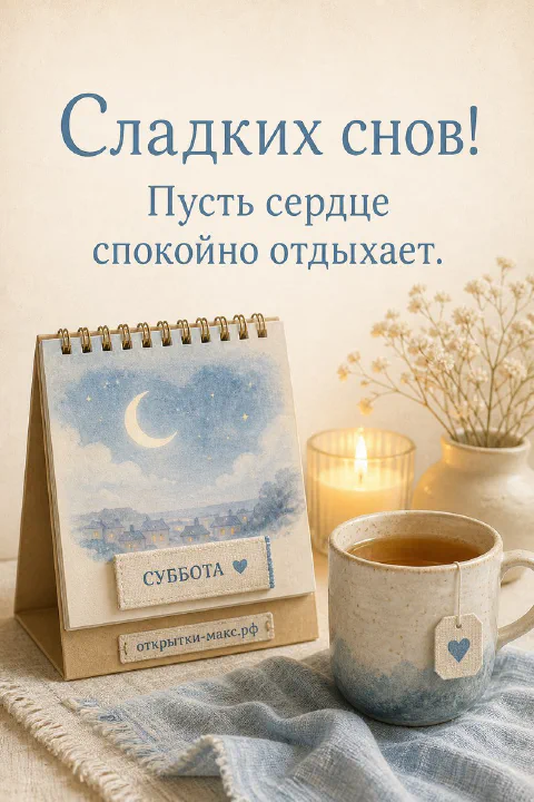 Настольный календарь с рисунком луны, надписью «Суббота», свеча и кружка чая на голубой льняной ткани