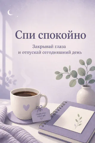 Чашка кофе с сердечком, блокнот и ваза с эвкалиптом на сиреневом фоне, надпись «Спи спокойно»