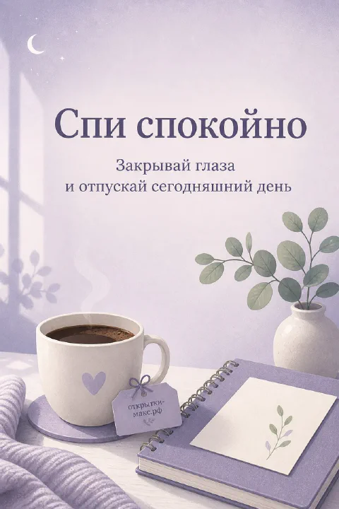 Чашка кофе с сердечком, блокнот и ваза с эвкалиптом на сиреневом фоне, надпись «Спи спокойно»