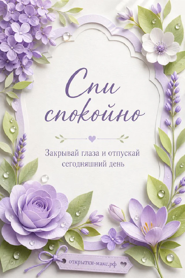 Чашка кофе с сердечком, блокнот и ваза с эвкалиптом на сиреневом фоне, надпись «Спи спокойно» — вариант 2