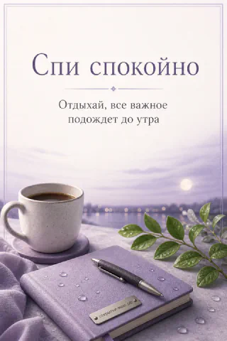 Чашка кофе и блокнот на фоне ночного города под луной, надпись «Спи спокойно»