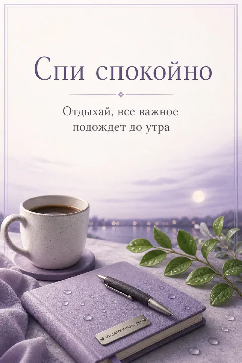 Чашка кофе и блокнот на фоне ночного города под луной, надпись «Спи спокойно»