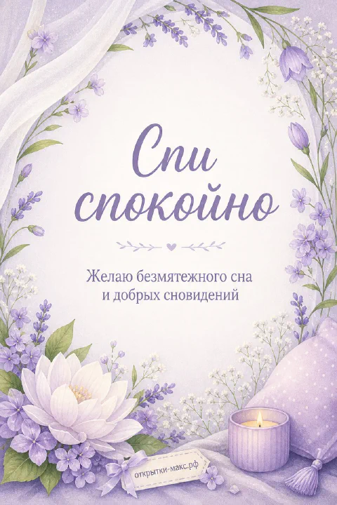 Открытка в лавандовых тонах с лотосом, горящей свечой и венком из цветов лаванды