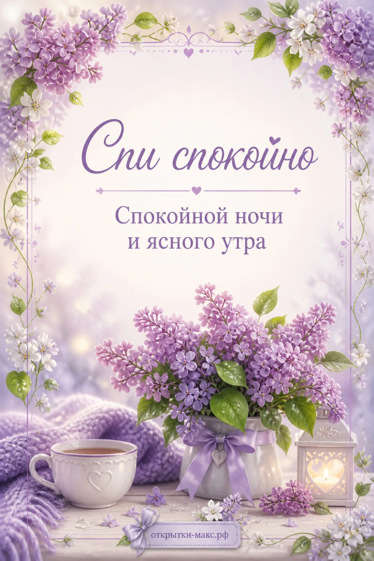 Букет фиолетовой сирени в белой вазе, чашка чая и светящийся белый фонарь на столе