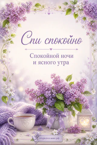 Букет фиолетовой сирени в белой вазе, чашка чая и светящийся белый фонарь на столе