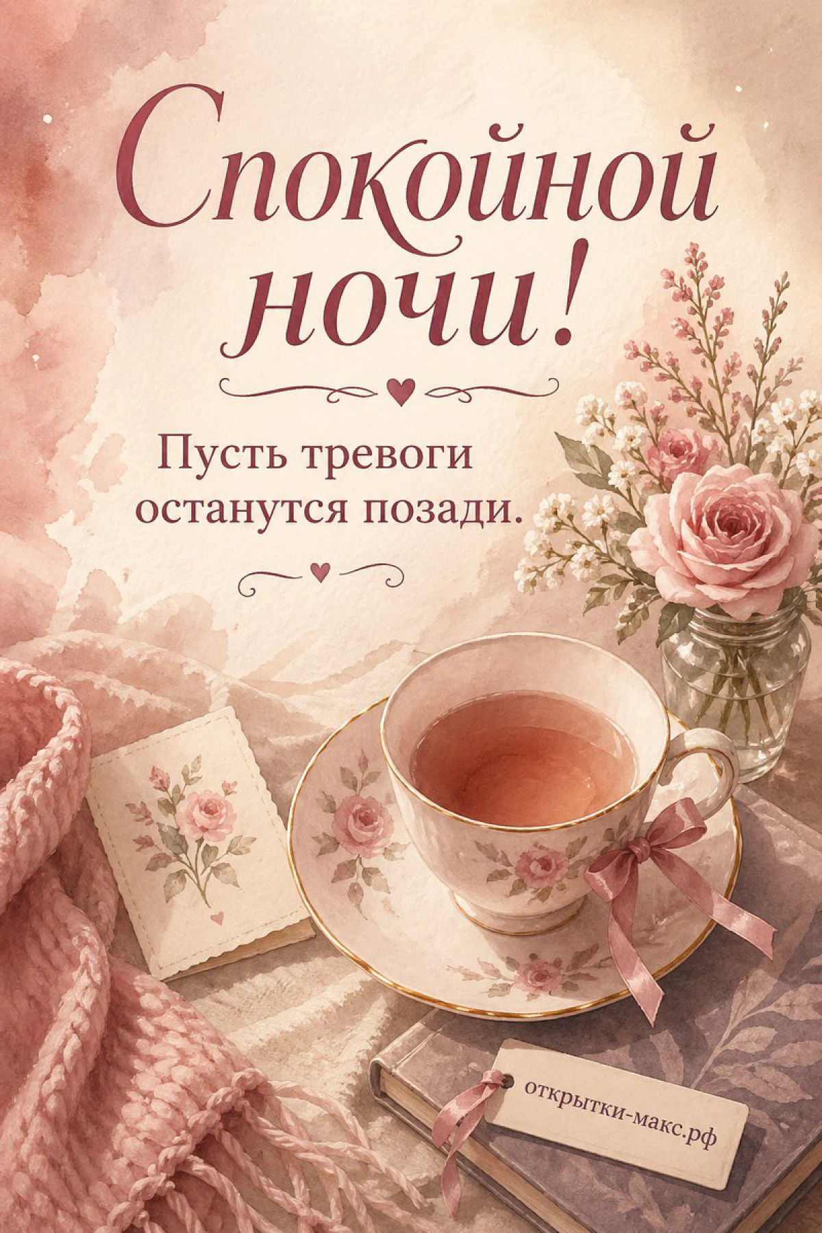 Розовая чашка чая с бантиком, ваза с нежными розами и вязаный плед на мягкой поверхности