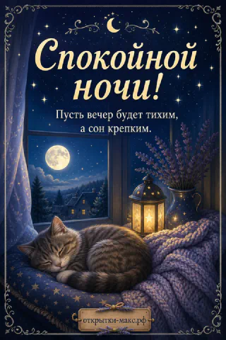 Спящий серый кот у окна с полной луной, горящий фонарь и ваза с лавандой на фоне ночного неба