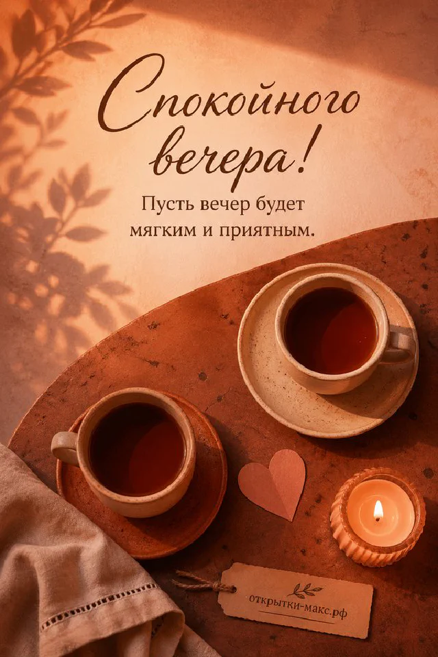 Старинный фонарь и книга с ключами на столике у двери со звёздным небом, надпись «Спокойного вечера» — вариант 2