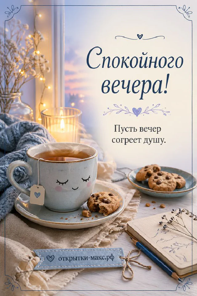 Голубая кружка кофе с печеньем и горящей свечой на фоне зимнего снегопада за окном — вариант 2