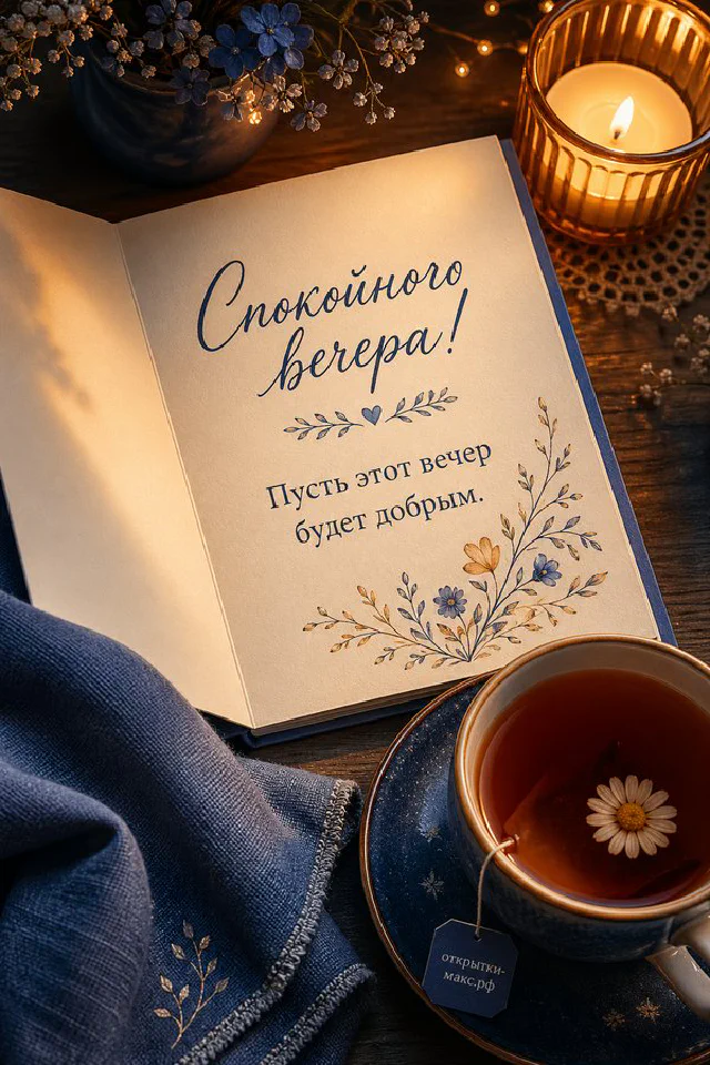 Раскрытая книга с закладкой-сердцем, горящая свеча в подсвечнике и букетик лаванды в вазе на сиреневом фоне — вариант 3